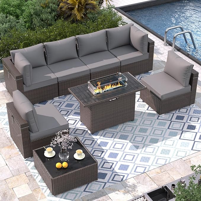 8 Piece Patio Furniture Set with 43" Fire Pit Table, Outdoor Sectional Sofa Set Heavy Duty Wicker Furniture Set with 2 Waterproof Covers
