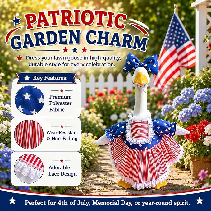 Mysense 4th of July Porch Goose Outfit for 23 Inch Goose Statue, Patriotic Red White Blue Goose Clothes with Bow for Outdoor Garden Patio Decor, USA 250th Anniversary Merchandise
