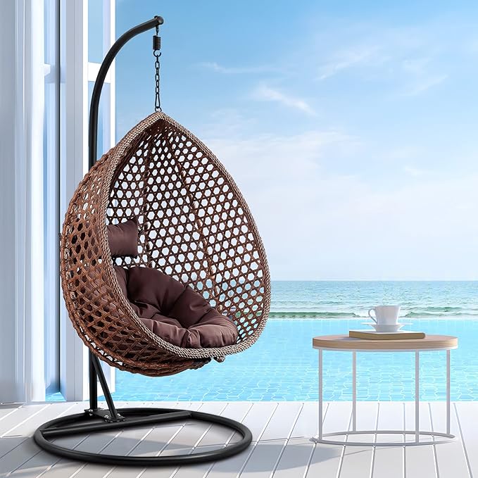 Hanging Egg Swing Chair with Stand, Rattan Wicker Hanging Egg Chair Hammock Indoor with Cushions, Swinging Chair for Bedroom Outdoor Patio Balcony Backyard Sunroom Heavy Duty 350LBS (Brown)