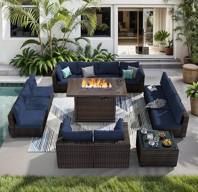 14 Piece Patio Furniture Set with Fire Pit Table All Weather PE Rattan Outdoor Sectional Sofa Couch with No-Slip Cushions and Glass Top Table for Garden, Poolside, Backyard (Blue)