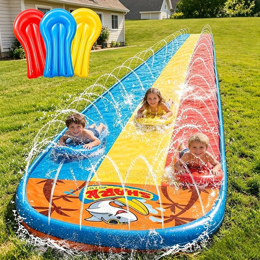23FT Triple Water Slide with 3 Inflatable Bodyboards, Lawn Slip Splash Slide with Built-in Sprinkler, Backyard Outdoor Summer Water Toy for Kids and Adults