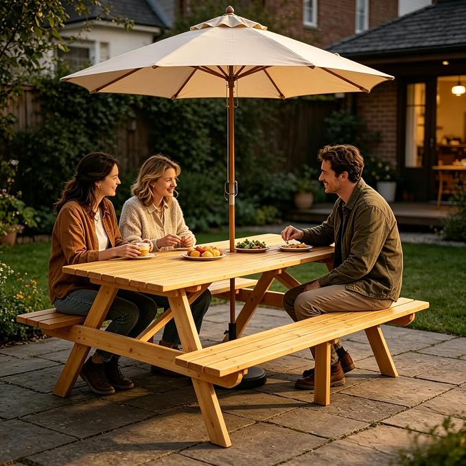 75" Outdoor Wooden Picnic Table with Benches Set, Dining Table Set with 2-Inch Umbrella Hole, One-Piece Wood Picnic Table for Backyard Garden Patio Party Gathering
