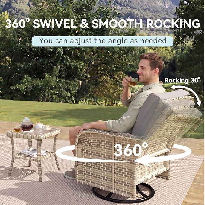 LazySunsets 3 Piece Outdoor Patio Furniture Set, Wicker Rattan Outdoor Furniture with High Back Swivel Rocker Chairs, Outdoor Sofa Set with Thick Cushions & Side Table, Grey