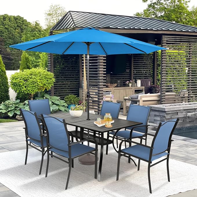 SUNCROWN 8 - Piece Outdoor Dining Set, Patio Furniture Set with 6 Textilene Dinning Chairs, 1 Rectangle Metal Table and 1 Sky Blue 9Ft Patio Umbrella for Lawn Garden Backyard Deck, Blue