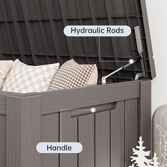Fancyango 270 Gallon Outdoor Deck Box Waterproof, Large Storage Box for Patio, Resin Storage Bench Lockable for Garden Tools, Package Delivery, Grey