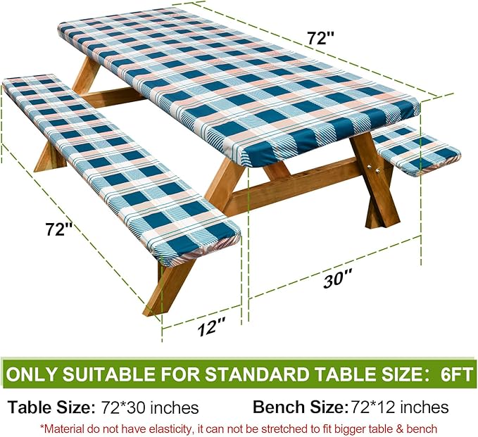 Play Tailor Picnic Table Cover with Bench Covers Camping Essentials Waterproof Windproof Camping Tablecloth with Drawstring Bag, Fitted Rectangle Tables and Seats, 72in, Green Checkered