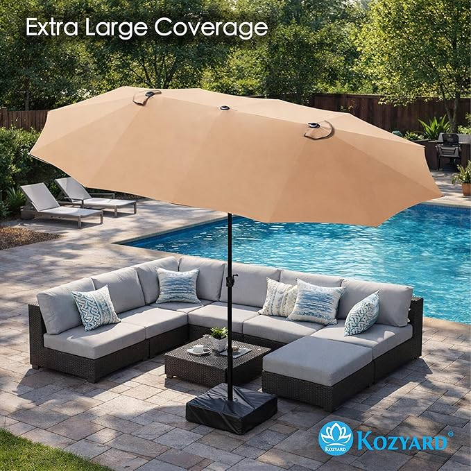 Kozyard 15 FT Double-Sided Rectangular Patio Umbrella, Base Included, Crank Lift Outdoor Patio Umbrella with UV Protection for Backyard, Pool & Garden Beige