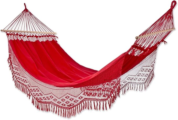 NOVICA Bright Red Cotton Fabric 1 Person Brazilian Hammock with Spreader Bars and Crochet Fringe, Tropical Red' (Single)
