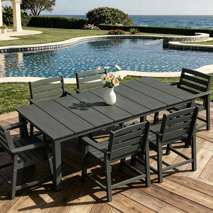AreShark 7-Piece Outdoor Dining Set,HDPE Patio Table with 6 Armchairs,All-Weather Patio Furniture Set with Umbrella Hole,Low Maintenance Wood Grain Dining Set for Backyard,Garden,Poolside,Black