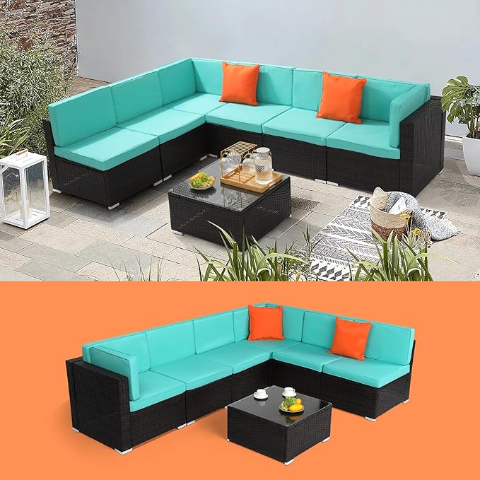 7 Pieces Large Wicker Patio Furniture Set, Rattan Outdoor Sectional Sofa Set, Patio Conversation Set for Garden, Sectional Outdoor Furniture, Outdoor Sofa,Sectional Couch with Coffee Table