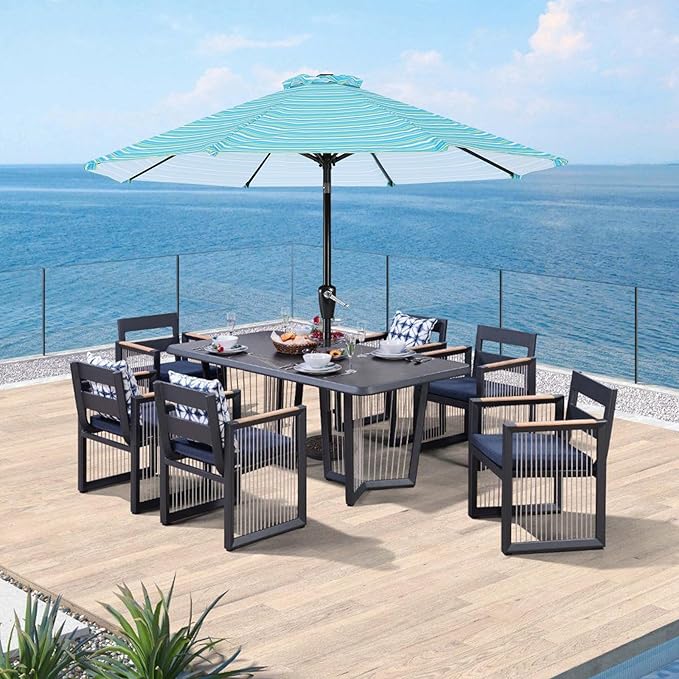 ABCCANOPY 9FT Patio Umbrella - Outdoor Waterproof Table Umbrella with Push Button Tilt and Crank, 8 Ribs UV Protection Pool Umbrella for Garden, Lawn, Deck & Backyard (Turquoise Stripes)