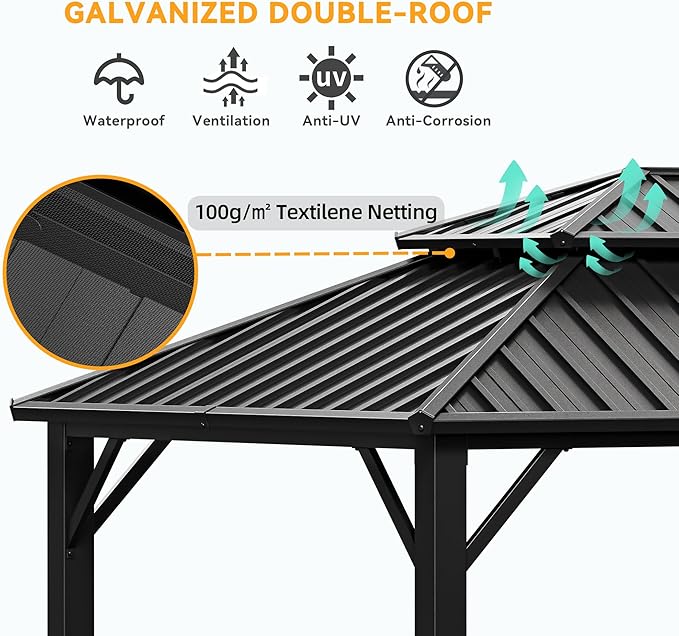 HOTEEL 12x20 Hardtop Gazebo on Clearance with Metal Roof, Heavy Duty Galvanized Steel Patio Hot tub Hard Top Gazebos with Reinforced Frame, with Privacy Curtains and Netting, for Backyard, Black