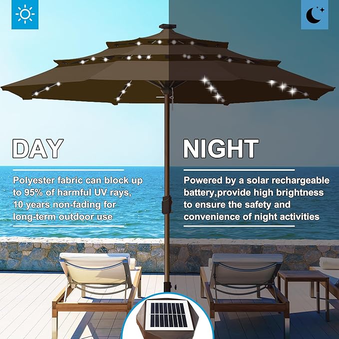 Eurmax USA 10-Year-Non-Fading 10FT 3-Tier Outdoor Patio Market Umbrella with LED Lights,UPF50+ UV Resistant,Commercial Grade,Crank Lift Design,Windproof Vented Top for Garden,Pool,Deck,Chestnut