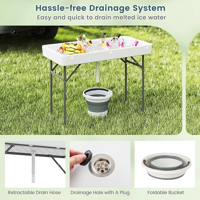 S AFSTAR Folding Ice Table, Ice Cooler with Matching Skirt, Drain Plug, Hose & Foldable Bucket, Portable Bin Table for Picnic, Tailgate Party, Wedding, Camping