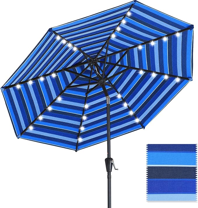 ABCCANOPY OLEFIN® 5-Year No Fading Patio Umbrella with Solar Lights (Navy&Blue Stripe)