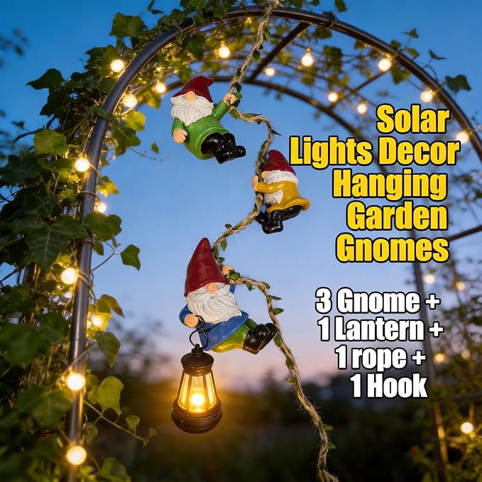 Garden Gnomes Hanging Solar Lights, 3-Pack Climbing Rope Gnome Statues with LED Lantern, Resin Outdoor Decor for Yard Patio Door Tree Fence Wall, Housewarming Gifts for Women Mom Grandma