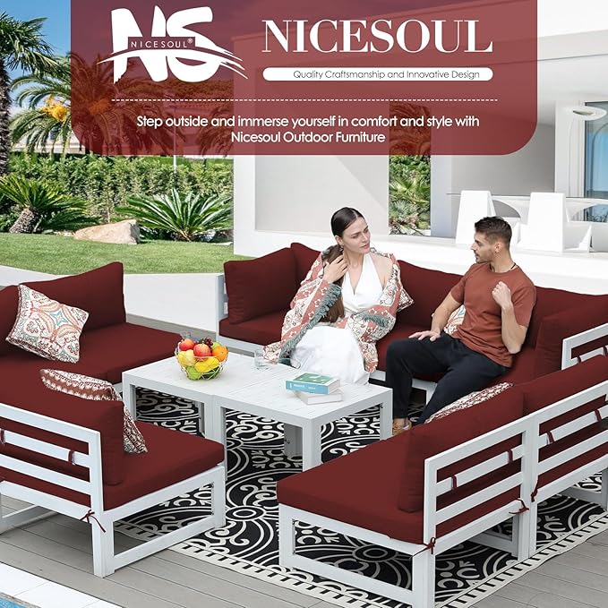 NICESOUL 6 Person Modern Aluminum Outdoor Patio Furniture Set, 29" Wide Deep Seating, Fade & Water Resistant L Shaped Modular Sectional Couch, Large Comfy Conversation Set for Backyard Terrace, Red