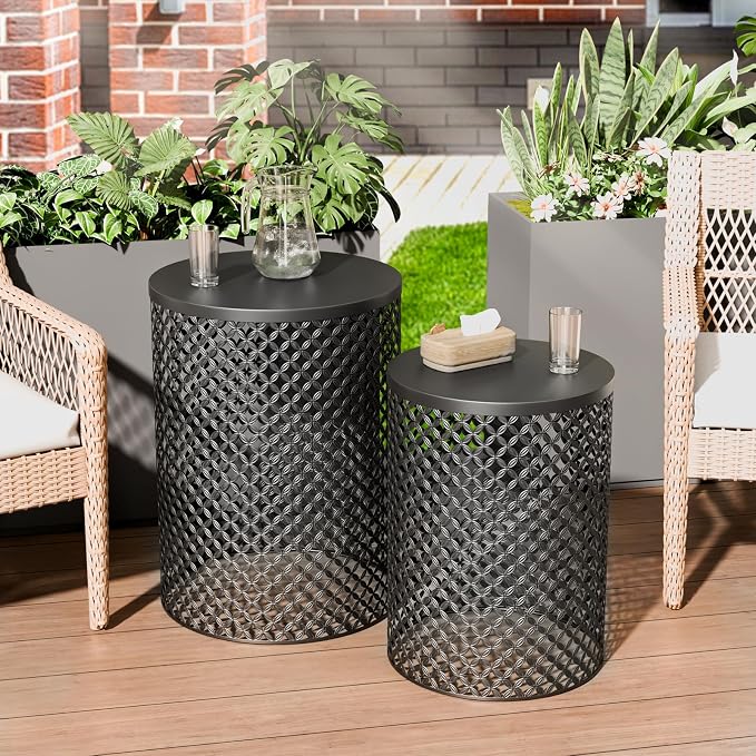 ChicFurnit Outdoor Side Table Set of 2, Cylindrical Metal Frame End Table, Decorative Garden Stool for Indoor Outdoor, Accent Garden Table Modern Nesting End Table for Patio Balconies, Cafes, Black