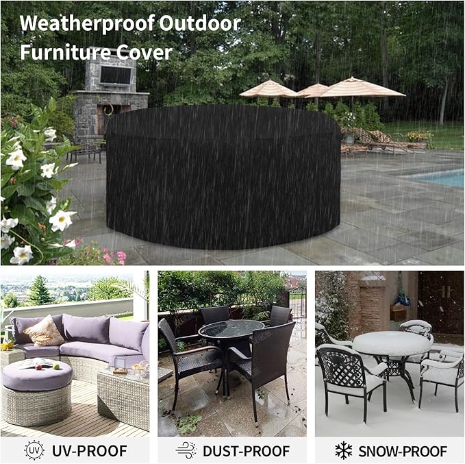 Easy-Going 600D Heavy Duty Round Patio Furniture Set Cover, Waterproof Outdoor Table and Chair Set Cover, (62"DIAx 28"H, Black)