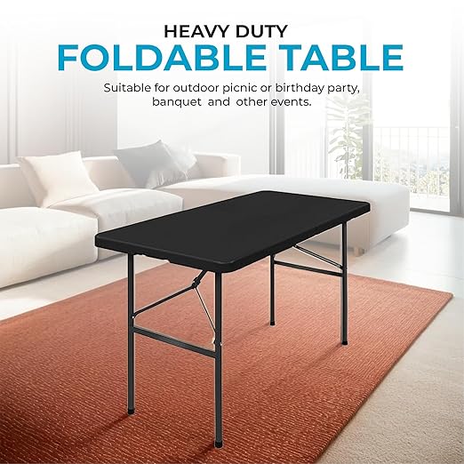 Simpli-Magic 4ft Portable Plastic Folding Table – Indoor & Outdoor Heavy-Duty Foldable Utility Table w/Handle for Party & Camping (Black)