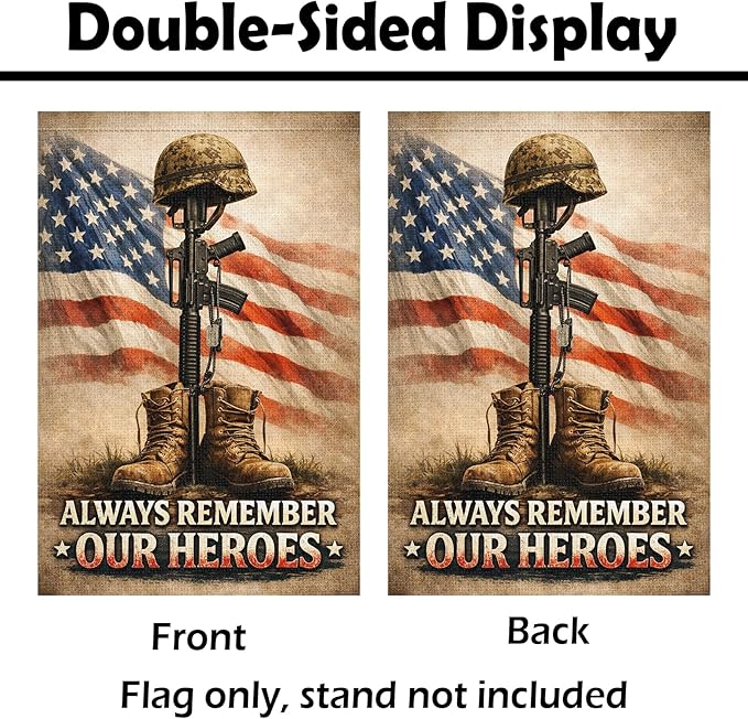 Heyfibro Always Remember Our Heroes Memorial Day Garden Flag 12x18 Inch Double Sided Veteran American Soldier Shoes Flags Patriotic 4th of July Garden Flag for Outside Yard Decorations