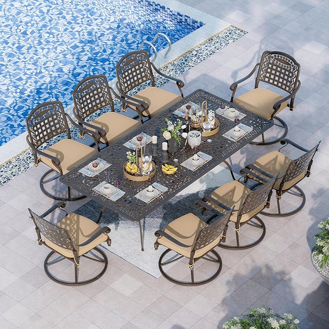 Grepatio 9 Piece Cast Aluminum Patio Furniture Set Outdoor Dining Set Bistro Furniture Set with 8 Swivel Chairs and Dining Table with Umbrella Hole, Cushions for Backyard Garden Poolside (Grid Khaki)