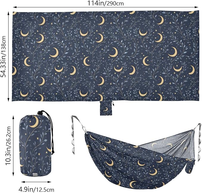 Camping Hammock Outdoor Hammocks for Outside Dark Navy Crescent Moon Beach Trees Portable Lightweight with Pockets Tree Straps Indoor