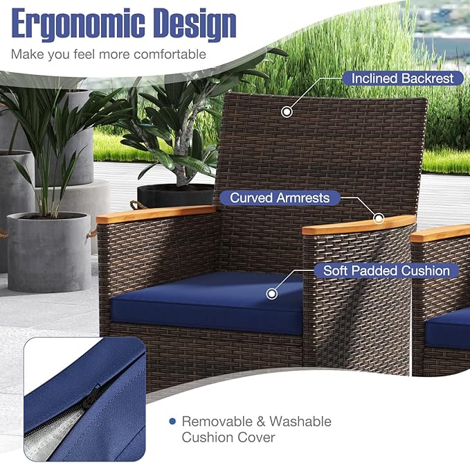 COSTWAY 9-Piece Patio Dining Set for 8, Outdoor Rattan Wicker Table and Chairs Furniture Set with Umbrella Hole, Acacia Wood Tabletop for Backyard, Balcony, Poolside, Brown & Navy