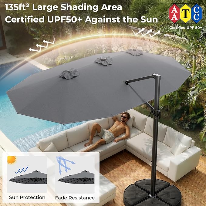 HOMSHADE 15FT Cantilever Double-Sided Umbrella with Solar Light and Base, Rectangle Oversized Offset Patio Umbrellas, Extra Large Outdoor Umbrella for Pool, Deck, Garden, Market (Dark Gray)