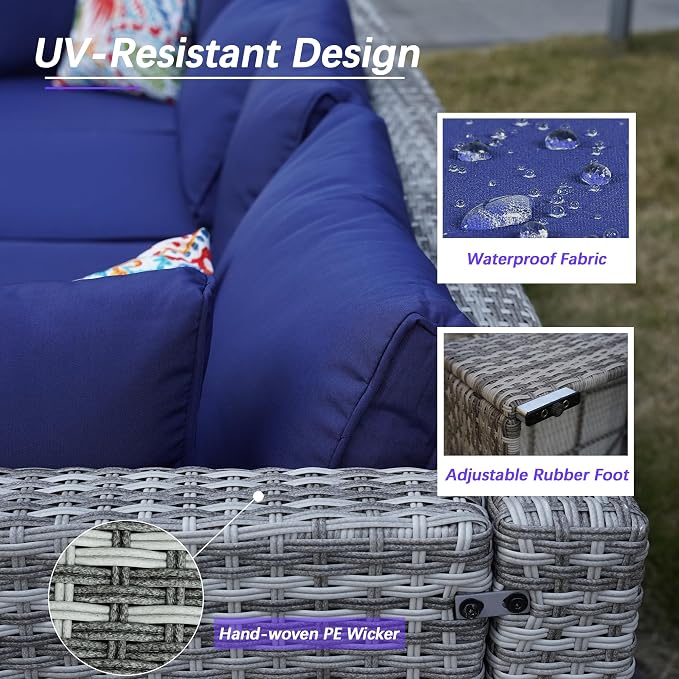 7 Piece Outdoor Sectional with Waterproof Cushions, Outdoor Patio Furniture Set with Coffee Table, Sectional Couch Sofa with Cushions, Wicker Outdoor Conversation Set for Backyard & Garden, Navy Blue