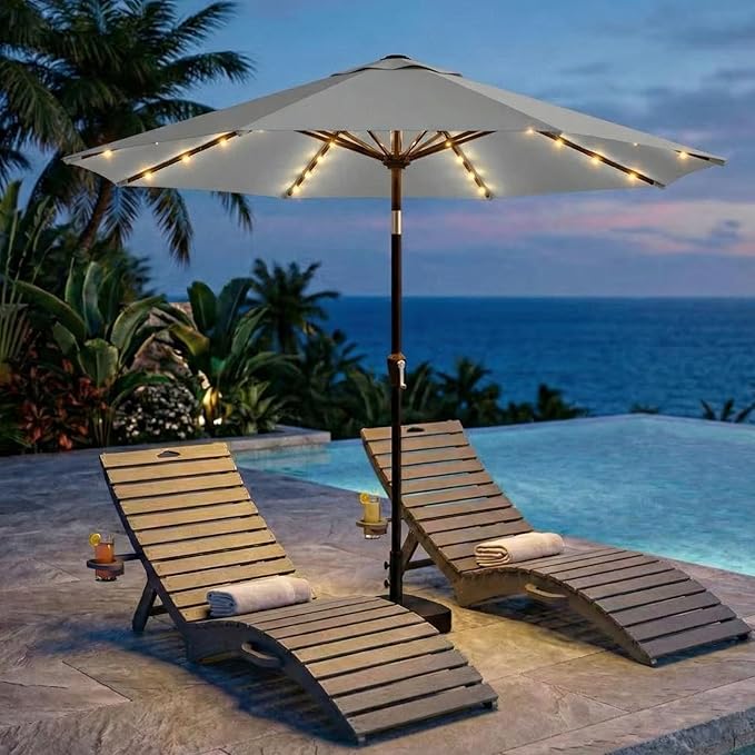 Kingdura 9FT Outdoor Patio Umbrella with Solar Lights, Market Table Umbrella with Push Button Tilt & Crank, 8 Sturdy Ribs, 32 LED Lights, UV Protection for Garden Lawn Deck Backyard Pool (Light grey)