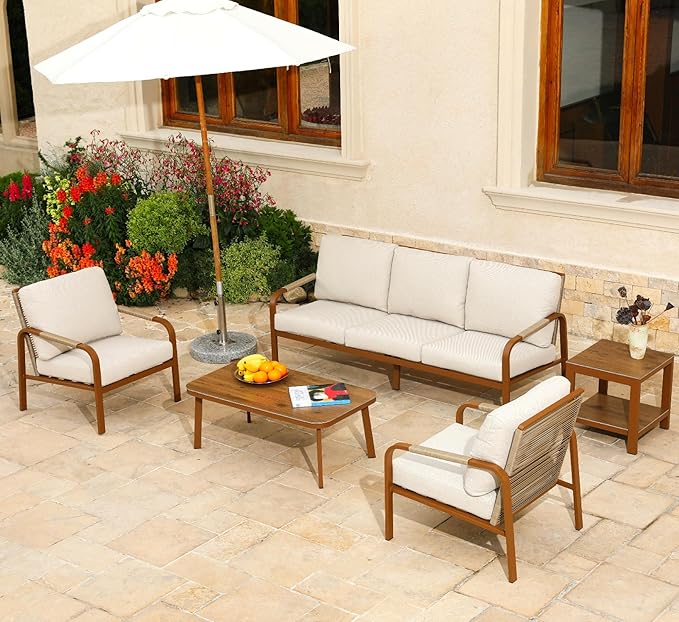 5-Piece Outdoor Patio Furniture Set, Aluminum Frame with Side Table, Hand-Woven Rattan Design, Waterproof Fabric, Ideal for Patio, Deck, and Porch, Beige