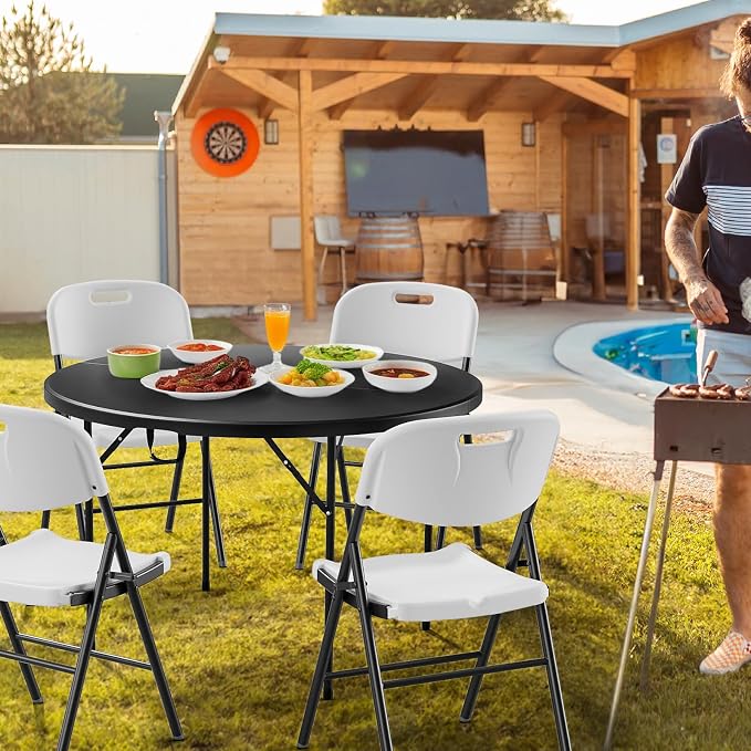 VINGLI Black 48" Round Bi-Folding Commercial Table, 4 Feet Portable Plastic Dining Card Table for Kitchen or Outdoor Party Wedding Event, 4-Pack