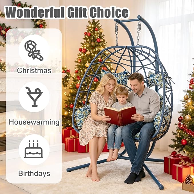 2 Person Double Hanging Egg Chair, Oversized Wicker Rattan Loveseat Swing Chair, Heavy Duty 600lbs Capacity, Foldable Basket Hammock Chair with Thick Cushion for Indoor Outdoor Patio Bedroom