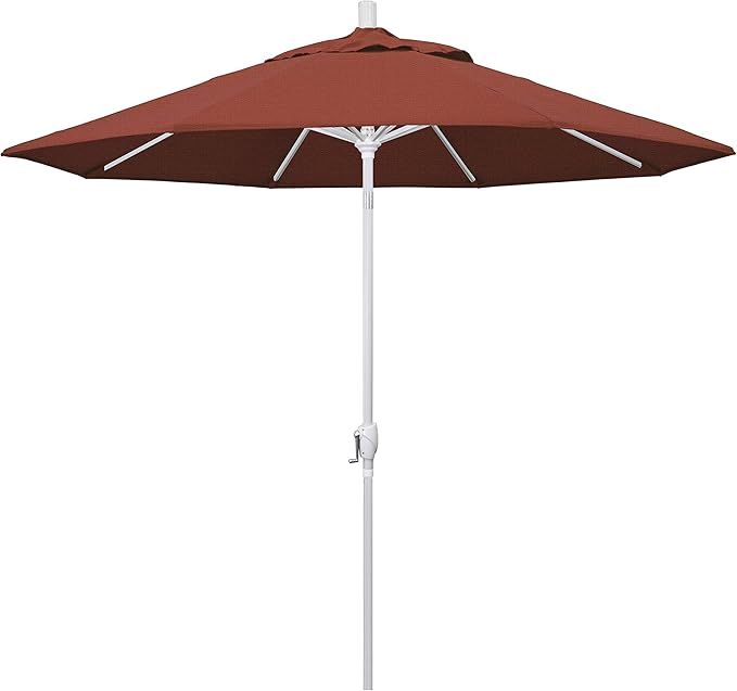 California Umbrella 9' Round Aluminum Market Umbrella, Crank Lift, Push Button Tilt, White Pole, Terracotta Olefin