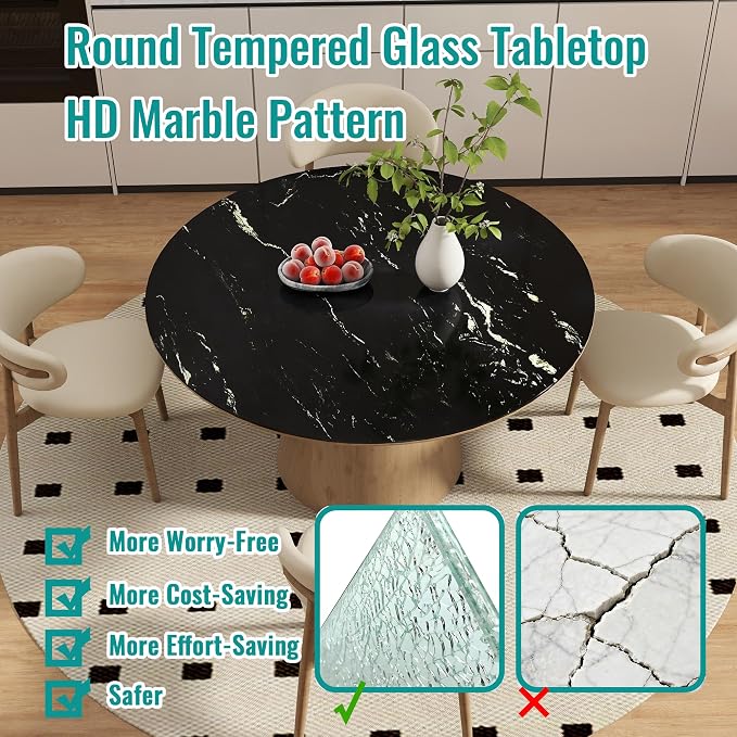 20" Round Tempered Glass Table Top, Marble Glass Surface Protector Heat & Scratch Resistant Multipurpose for Dining, Coffee, Restaurant, Office and End Table (Black Marble Pattern, 20 Inch)