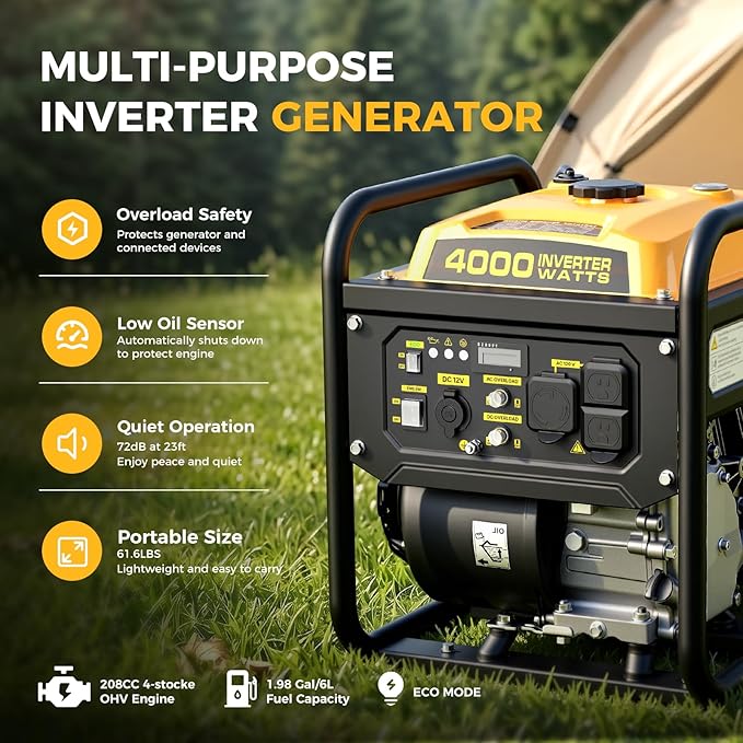 4000 Watts Inverter Generator for Home Use, RV Potable Open Frame Generator, 208cc Gas Powered EPA Compliant for Camping