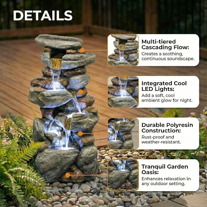 29.9" Water Fountain Outdoor with LED Lights, Rock Style Waterfall Fountains with Pump, Floor-Standing Resin Water Feature for Garden Patio Backyard Deck Porch Home Decor (Grey-29.9" H Rock)
