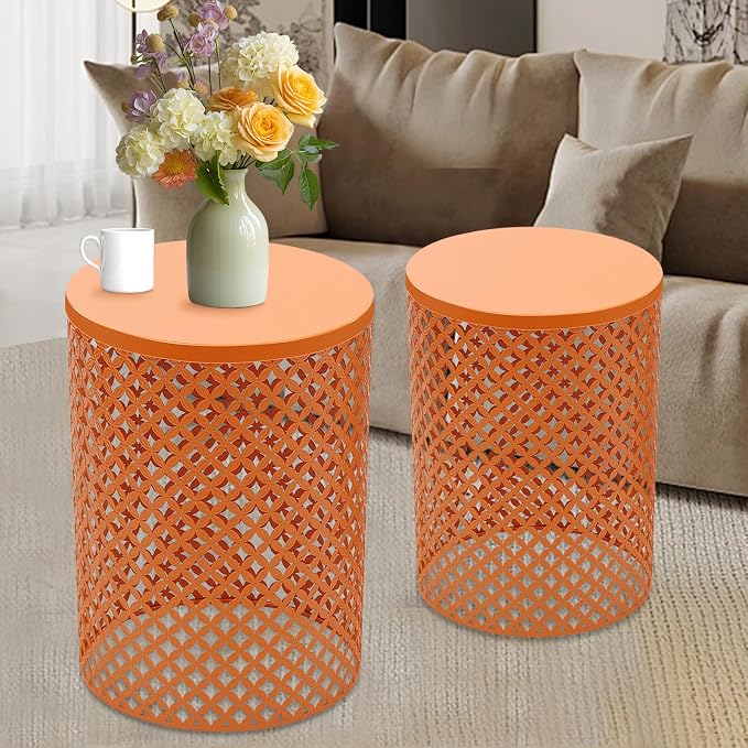Cylindrical Outdoor Side Tables Set of 2, Metal Frame Accent Table End Table, Vintage Side Tables for Patio Gardens Balconies Cafes Parks (2, Orange)