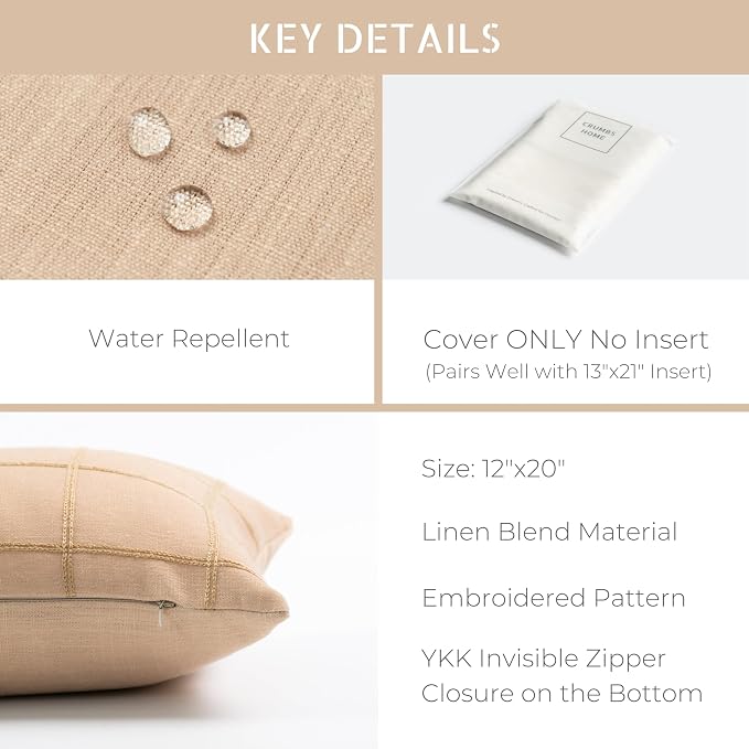 Modern Farmhouse Fall Linen Indoor Outdoor Lumbar Pillow Cover Only, 12"x20" Water Repellent for Patio, Backyard, Couch, Ivory Cream Plaid
