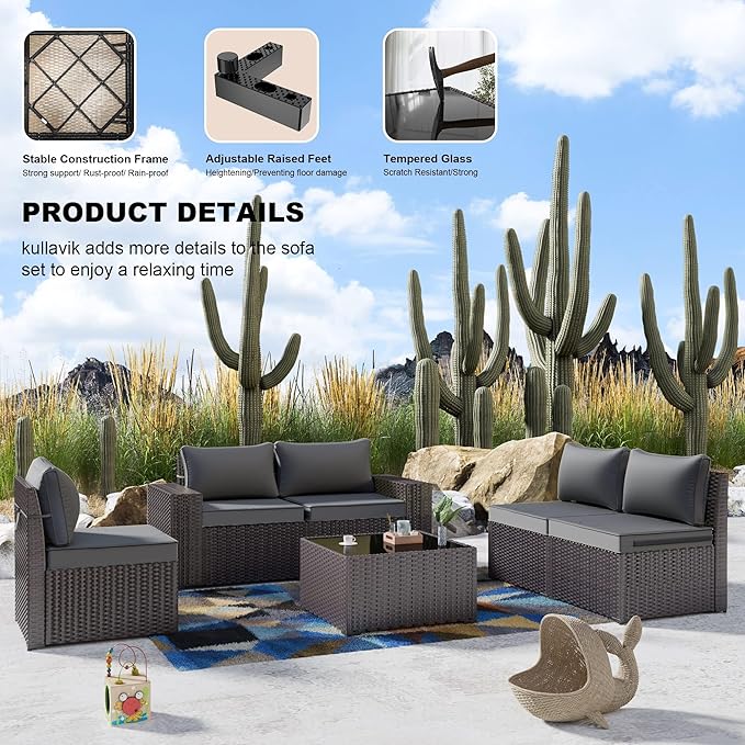 Kullavik 9 Pieces Outdoor Patio Furniture Set,PE Wicker Rattan Sectional Sofa Patio Conversation Sets with Swivel Rocking Chairs Set,Grey