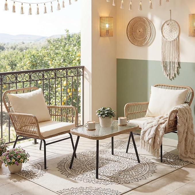 RADIATA 3 Pieces Boho Wicker Patio Chair Set with Thick Cushion and Side Table, Outdoor Conversation Rattan Furniture, Bistro Table and Chair for Porch Deck Backyard Garden, Beige