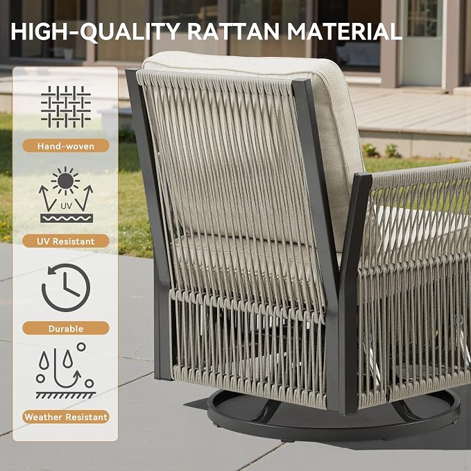 Patio Furniture Set Outdoor/Indoor, Wicker Patio Sofa, 3pcs Furniture Set with Swivel Rocker Chairs and Side Table for Backyard, Garden, Poolside(Beige)