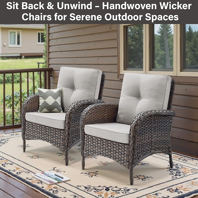 Belord Patio Club Chair Wicker Chairs - Outdoor High Back Chair Set of 2 Patio Furniture Set Rattan Seating with Removable Cushions for Porch Balcony Deck Pool Sunroom Light Brown/Beige