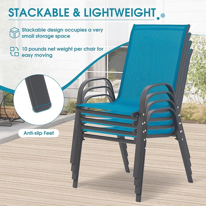 24.4" Wide Outdoor Stackable Chairs Set of 6, Stacking Patio Chairs with Textilene Fabric, Outside Furniture for Garden Backyard Balconie Poolside Deck, Blue