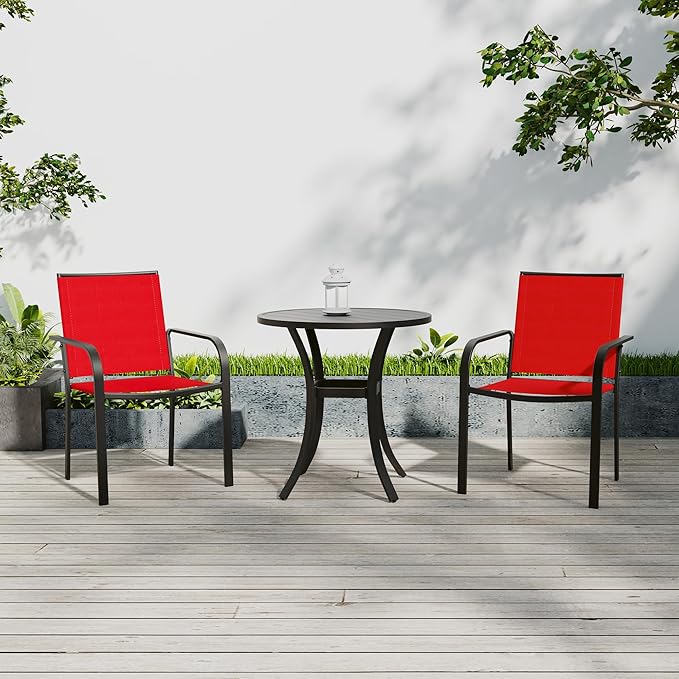 Anmutig 3 Piece 27.5" Outdoor Round Table and Chairs Small Patio Set for 2 Person, Cherry Red Chairs can Stackable