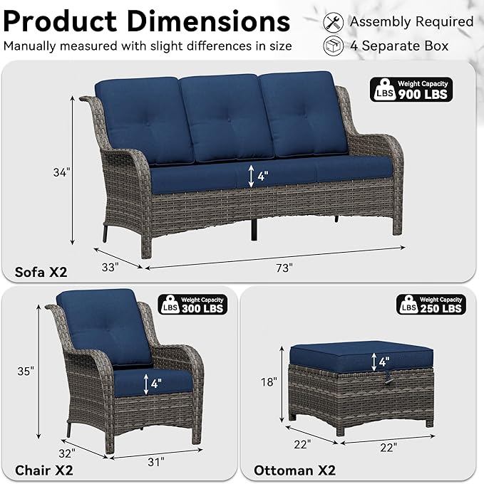 6 Piece Outdoor Wicker Patio Furniture Set, Patio Chairs Set with Thickened Olefin Cushions, High Back and Deep Seating, Hand-Woven PE Rattan, Ottoman for Porch, Deck