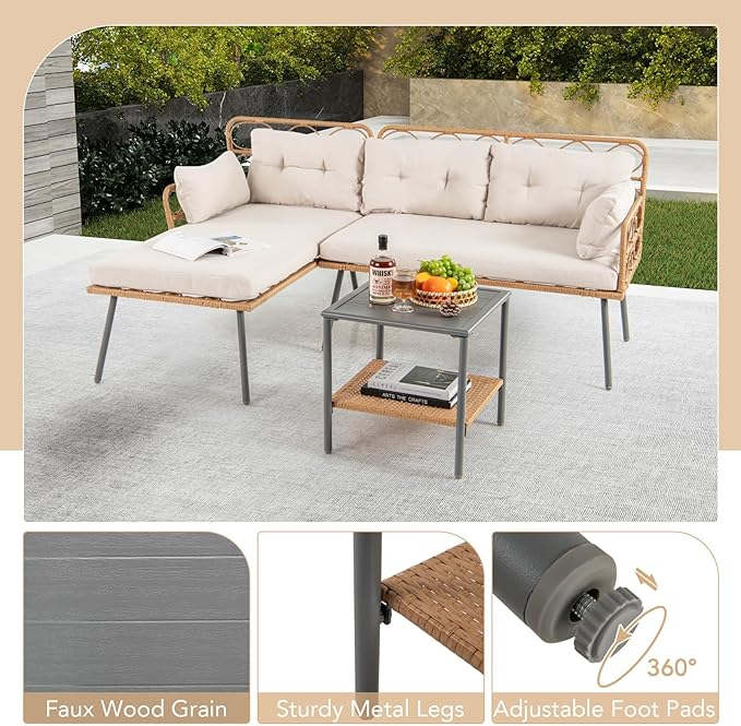 Tangkula 3 Pieces Corner Patio Furniture Set, PE Rattan L-Shaped Cushioned Sofa Set with Small Coffee Table, Outdoor Conversation Set for Garden, Backyard, Lawn, Porch (Off White)