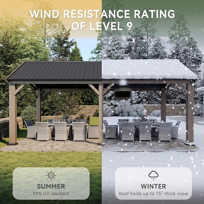 Aoxun 12' x 20' Outdoor Wood Gazebo with 20" Ceiling Fan with Light, Hardtop Gazebo Permanent Wooden Pavilion with Galvanized Steel Gable Roof, for Patio, Garden, Deck, Cedar Wood