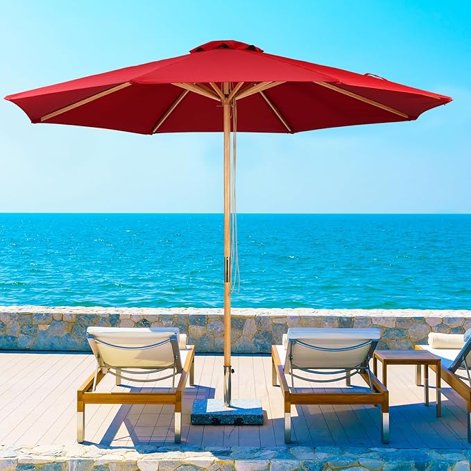 9ft Wooden Umbrella, Outdoor Patio Umbrella, Wood Market Umbrella, Patio Umbrella Wood Pole with Pulley Lift for Garden, Yard, Deck, Pool, Market